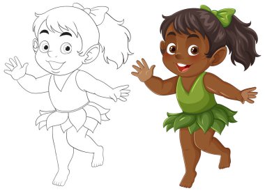 Canlı renkler ve taslak tarzıyla büyüleyici peri karakteri, neşeli ifade ve dinamik duruş sergiliyor.