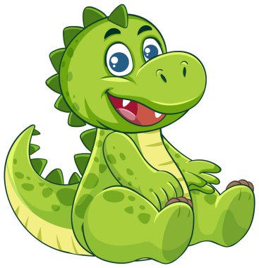 Sevimli yeşil dinozor çizimi neşeli bir ifade, canlı renkler ve çizgi film tarzında oyuncu tasarım unsurları ile