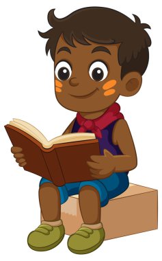 Oturup kitap okuyan neşeli bir çocuğun vektör çizimi. Parlak renkler ve oyuncu stil bağlanma sahnesini güçlendirir