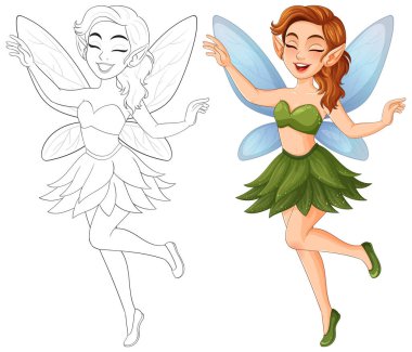 Canlı renklerle büyüleyici bir peri çizimi, mavi kanatları ve yeşil bir elbisesi var. Neşeli duruş ve neşeli ifade büyülü temayı artırır