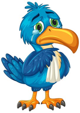 Hüzünlü mavi boynuz gagasının renkli bir temsili. Anlamlı gözleri ve canlı tüyleri var.