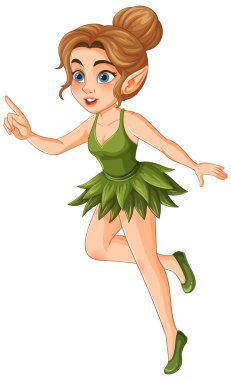 Yeşil yaprak elbisesi ve çörek saç stiliyle büyüleyici bir peri karakteri. Canlı renkler ve kaprisli tarz büyülü temayı güçlendirir
