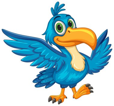 Büyük gözleri ve parlak tüyleri olan gülümseyen mavi boynuz gagasının canlı vektör çizimi oyuncu ve dostane bir tavır sergiliyor.