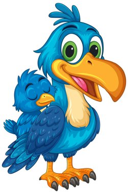 Parlak renkler ve anlamlı detaylar içeren neşeli bir çizgi film tarzında bir boynuz gagası ve civcivin canlı vektör çizimi