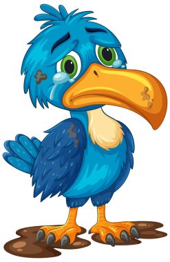 Hüzünlü bir boynuz gagasının renkli bir temsili. Anlamlı gözleri, canlı mavi tüyleri ve büyük turuncu bir gagası var.