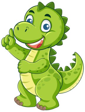 Neşeli ifadesi ve parlak renkleriyle gülümseyen yeşil dinozorun canlı bir temsili, çocuk medyası için mükemmel.