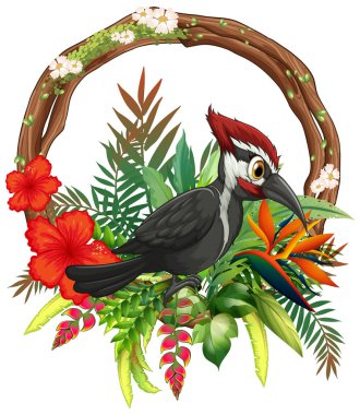 Canlı çiçekler ve yemyeşil çiçeklerle çevrili renkli tropikal kuş.