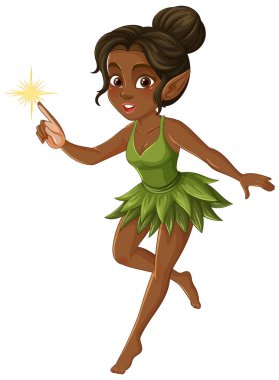 Parlak değnekli yeşil elbiseli bir perinin vektör çizimi. Canlı renkler ve kaprisli tarz büyülü temayı güçlendirir