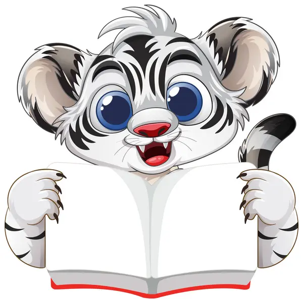 Sevimli kaplan yavrusu açık bir kitap tutuyor.