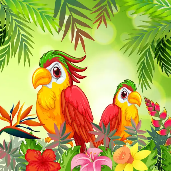 Etrafı yemyeşil tropik bitki ve çiçeklerle çevrili iki canlı papağan.