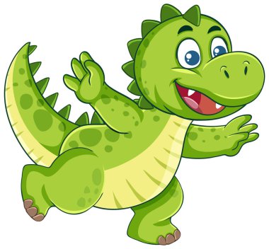 Neşeli, yeşil bir dinozor. Dost canlısı bir ifadeyle, canlı bir çizgi film tarzında. Çocuk medyası ve eğitim içeriği için ideal