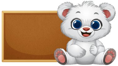 Sevimli ayı boş bir tahtanın yanında oturuyor.