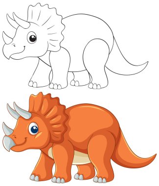 Canlı renkleri ve cesur hatları olan eğlenceli triceratops çizimi. Çok yönlü kullanım için hem renkli hem de özet sürümleri içerir