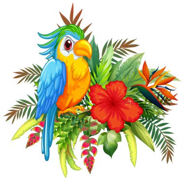 Bereketli tropikal çiçekler ve yapraklarla çevrili canlı bir kuş tasviri