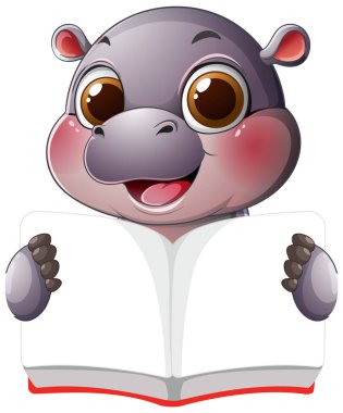 Sevimli hipopotam neşeyle kitap okuyor.
