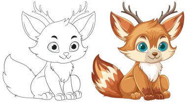 Geyik boynuzları parlak renkleri ve çizgileri olan sevimli çizgi film tilkisi. Tatlı ve kaprisli stil çocuk medyası için mükemmel.