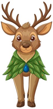 Büyüleyici karikatür geyiği sihirli yeşil bir yaprak pelerini ve canlı renklerle süslenmiş, neşeli ve mistik bir aura yayıyor.