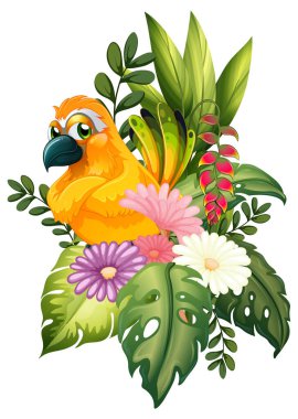 Tropikal çiçekler ve yapraklarla çevrili canlı bir kuş tasviri
