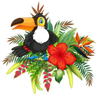 Canlı tropikal çiçekler ve yapraklarla çevrili renkli tukan kuşu.