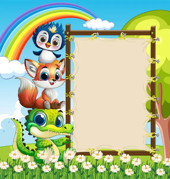 Canlı bir gökkuşağının altında yığılmış sevimli hayvanlar.