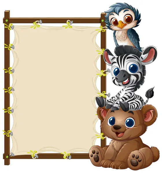 Boş bir tahta tabelanın yanına istiflenmiş sevimli hayvanlar.