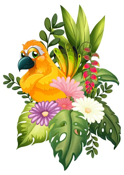 Tropikal çiçekler ve yapraklarla çevrili canlı bir kuş tasviri