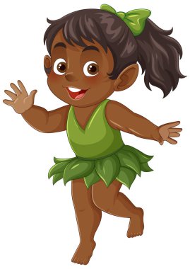 Yeşil elbiseli mutlu bir peri çocuğunun büyüleyici vektör çizimi. Parlak renkler ve neşeli kompozisyon tuhaf biçimi geliştirir