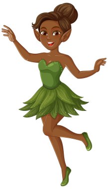 Yeşil yaprak elbiseli, neşeli duruşu ve canlı renkleri olan bir perinin vektör çizimi