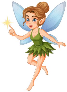 Mavi kanatlı, yeşil elbiseli ve elinde parlak bir değnekle büyüleyici bir peri. Canlı renkler ve neşeli kompozisyon büyülü temayı geliştirir