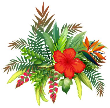Renkli tropikal çiçekler ve yemyeşil yapraklar canlı düzende.