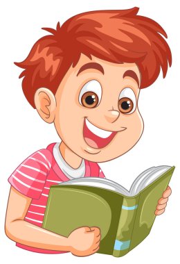 Gülümseyen çocuk yeşil bir kitabın tadını çıkarıyor.