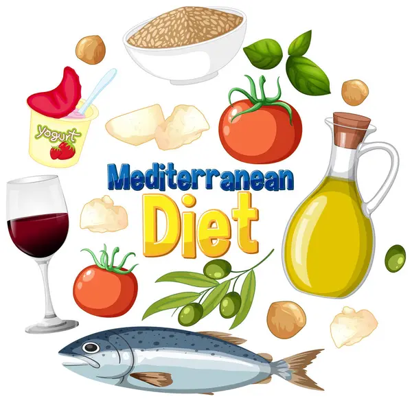 Akdeniz diyet zımbalarını vurgulayan vektör çizimi. Balık, zeytinyağı ve domates gibi. Parlak renkler ve temiz bileşim