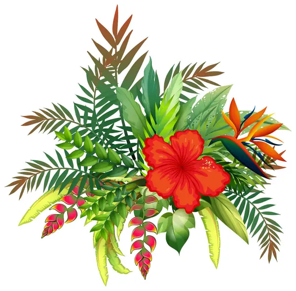 Renkli tropikal çiçekler ve yemyeşil yapraklar canlı düzende.
