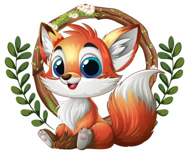 Yapraklar ve çiçeklerle çevrili sevimli tilki.