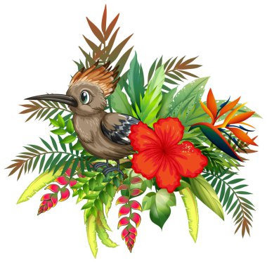 Canlı tropikal çiçekler ve yemyeşil yapraklarla çevrili kuş tasviri