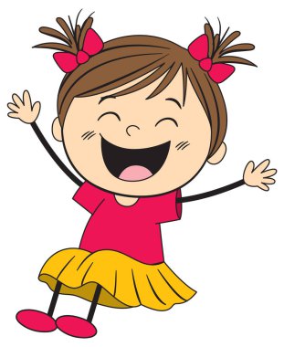 Saçları örgülü, renkli bir kıyafet giymiş, gülümseyen bir kızın neşeli vektör çizimi. Basit çizgiler ve canlı renkler neşeli havayı artırır