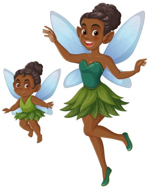 Anlamlı yüzleri ve renkli kanatları olan iki peri neşeli, kaprisli bir tarzda. Parlak renkler ve dinamik pozlar fantezi temasını geliştirir