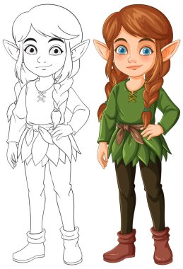 Saçları örgülü, yeşil giyinmiş genç bir elfin vektör çizimi. Renkli ve özet sürümleri içerir