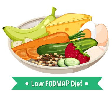 Düşük FODMAP diyet tabağının meyve, sebze ve peynirli renkli vektör çizimi