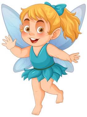 Canlı renkleri olan neşeli bir peri çizimi, neşeli bir poz ve ayrıntılı kanatları var. Çocuk medyası için mükemmel.