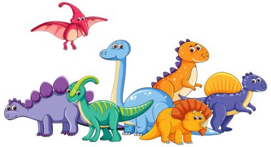 Çeşitli dinozorların canlı vektör illüstrasyonları oyuncu, çizgi film tarzında. Parlak renkler ve dinamik bileşim görsel cazibeyi artırır