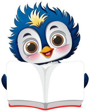 Sevimli penguen karakteri açık bir kitap tutuyor.