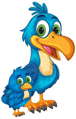 Geniş gözlü ve neşeli ifadeli iki karikatür boynuz gagasının canlı vektör çizimi, kalın renkler ve temiz çizgiler içeriyor.