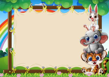 Boş bir ahşap çerçevenin yanına dizilmiş sevimli hayvanlar.