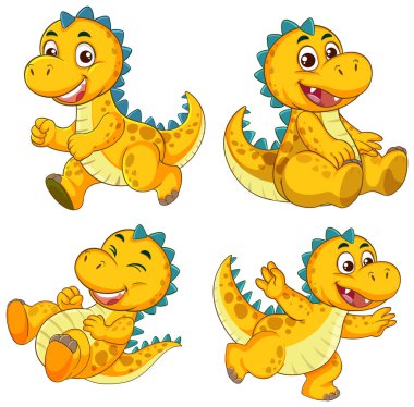 Canlı renkleri ve dinamik pozları olan çizgi film tarzındaki parlak, neşeli dinozor karakterleri çocuk medyası için mükemmel.