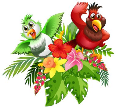 Canlı tropikal çiçekler ve yapraklarla çevrili iki renkli kuş.