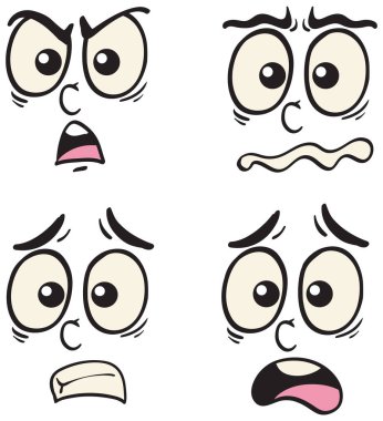 Farklı duyguları gösteren dört karikatür yüzünün vektör çizimi. Basit çizgiler ve nötr renkler dışavurumsal özellikleri artırır