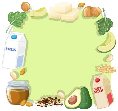 Değişik sağlıklı besin seçeneklerini dengeli bileşim ve canlı renklerle vurgulayan renkli vektör çizimi