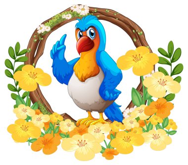 Canlı sarı çiçeklerle çevrili mutlu bir kuş tasviri