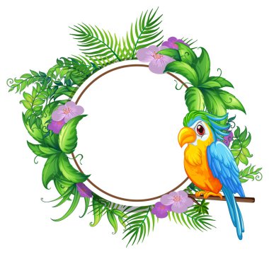 Çiçekli, dairesel çerçeve çizimine tünemiş renkli papağan.